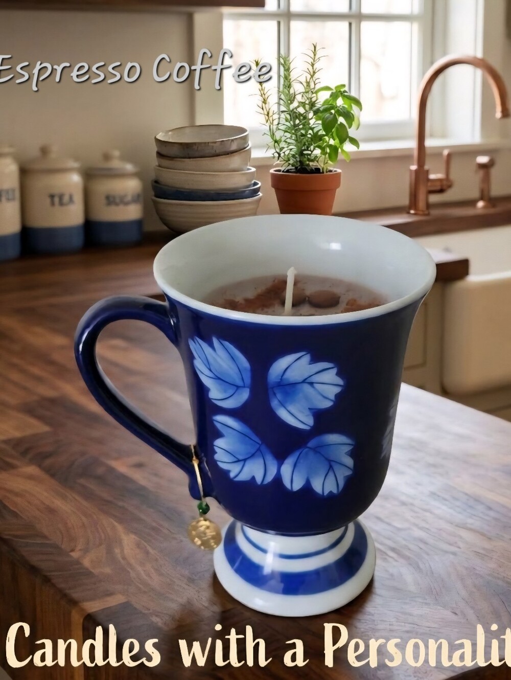 Cobalt Blue Floral Ceramic Mug Soy Candle Espresso Coffee Scent